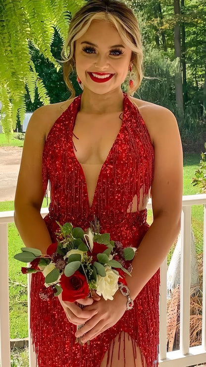 Pink V-Neck Tassel Sequined Prom Dresses V-Neck Mermaid Evening Dress With Slit,AST2205