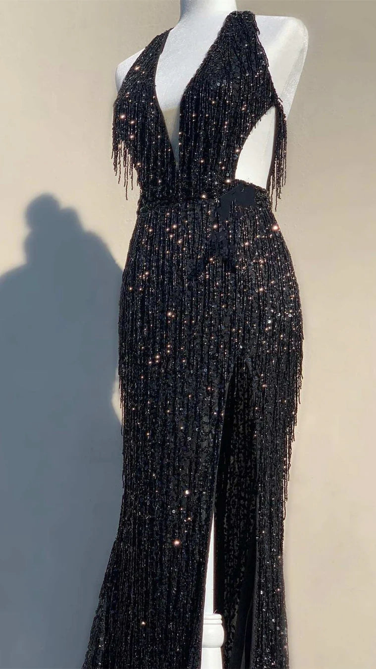 Pink V-Neck Tassel Sequined Prom Dresses V-Neck Mermaid Evening Dress With Slit,AST2205