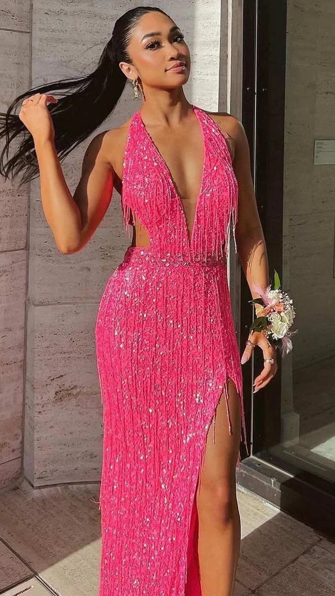 Pink V-Neck Tassel Sequined Prom Dresses V-Neck Mermaid Evening Dress With Slit,AST2205