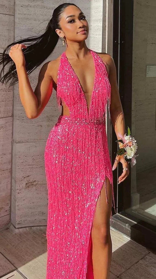 Pink V-Neck Tassel Sequined Prom Dresses V-Neck Mermaid Evening Dress With Slit,AST2205