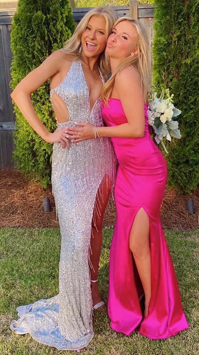 Pink V-Neck Tassel Sequined Prom Dresses V-Neck Mermaid Evening Dress With Slit,AST2205