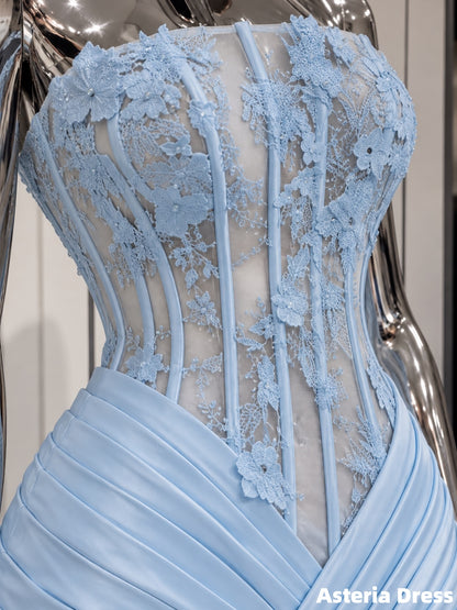 Pretty Prom Dresses Sky Blue Pleated Long Party Dresses With Bow