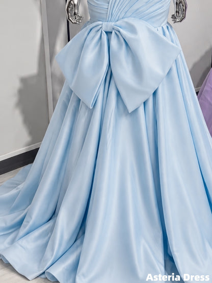 Pretty Prom Dresses Sky Blue Pleated Long Party Dresses With Bow