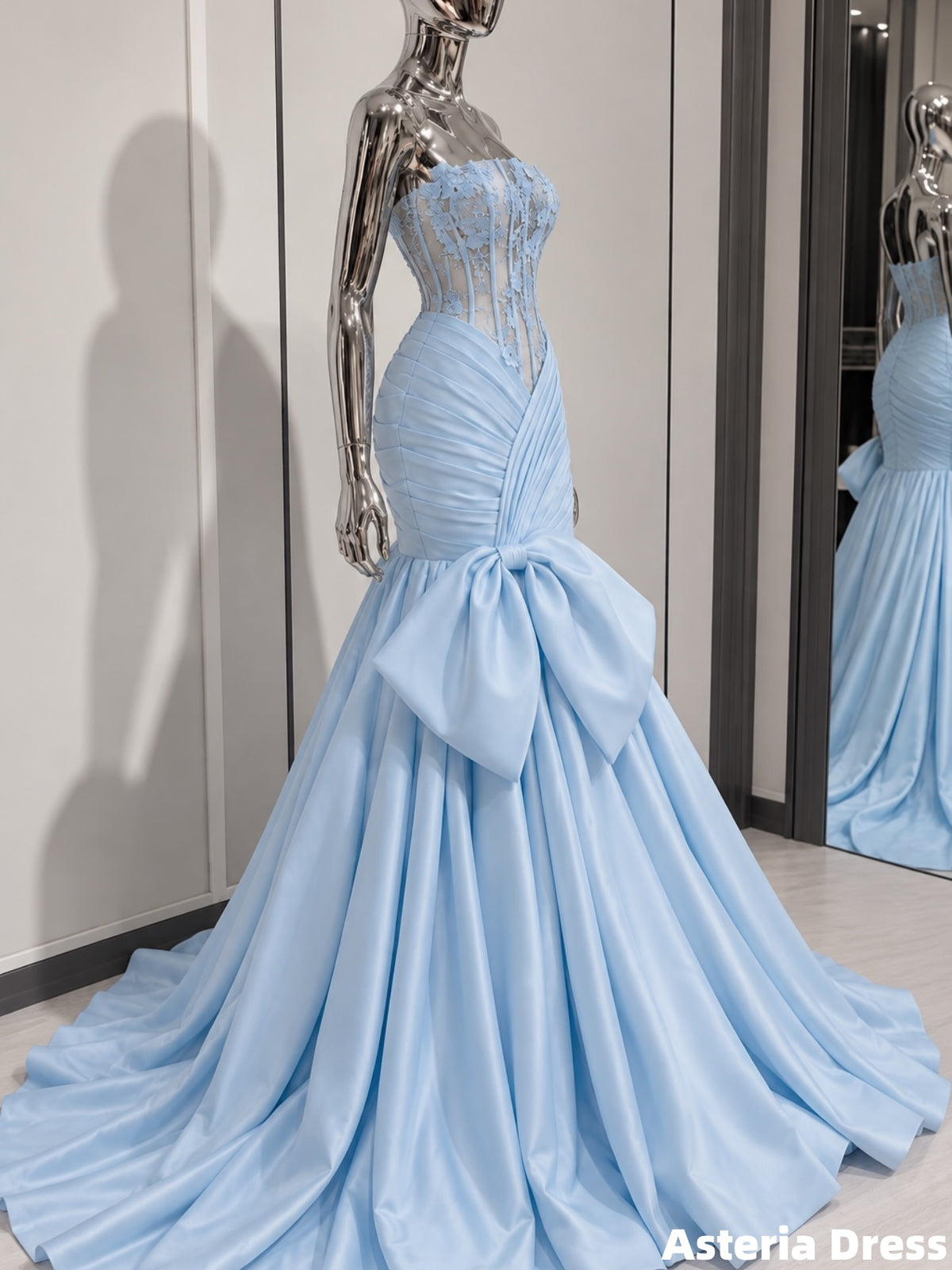 Pretty Prom Dresses Sky Blue Pleated Long Party Dresses With Bow