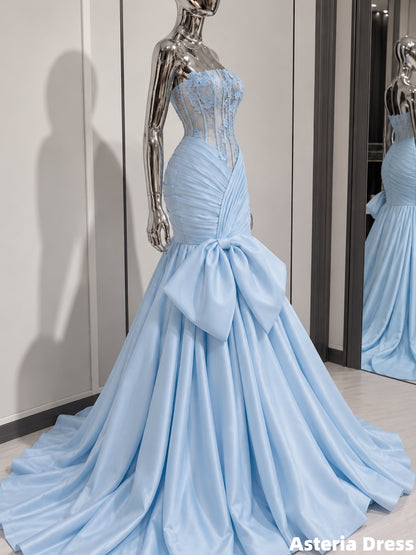 Pretty Prom Dresses Sky Blue Pleated Long Party Dresses With Bow