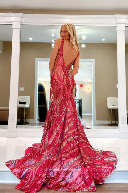 Sparkly Mermaid  V Neck Sequins Long Prom Dresses