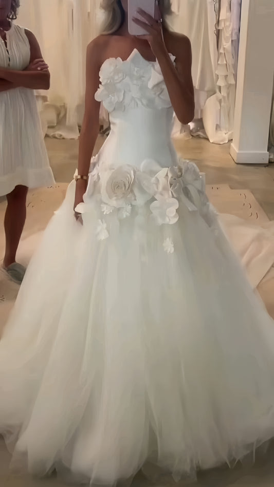 Princess 3D Floral Tulle Wedding Dresses Ivory Sleeveless Bridal Dress, AST1925