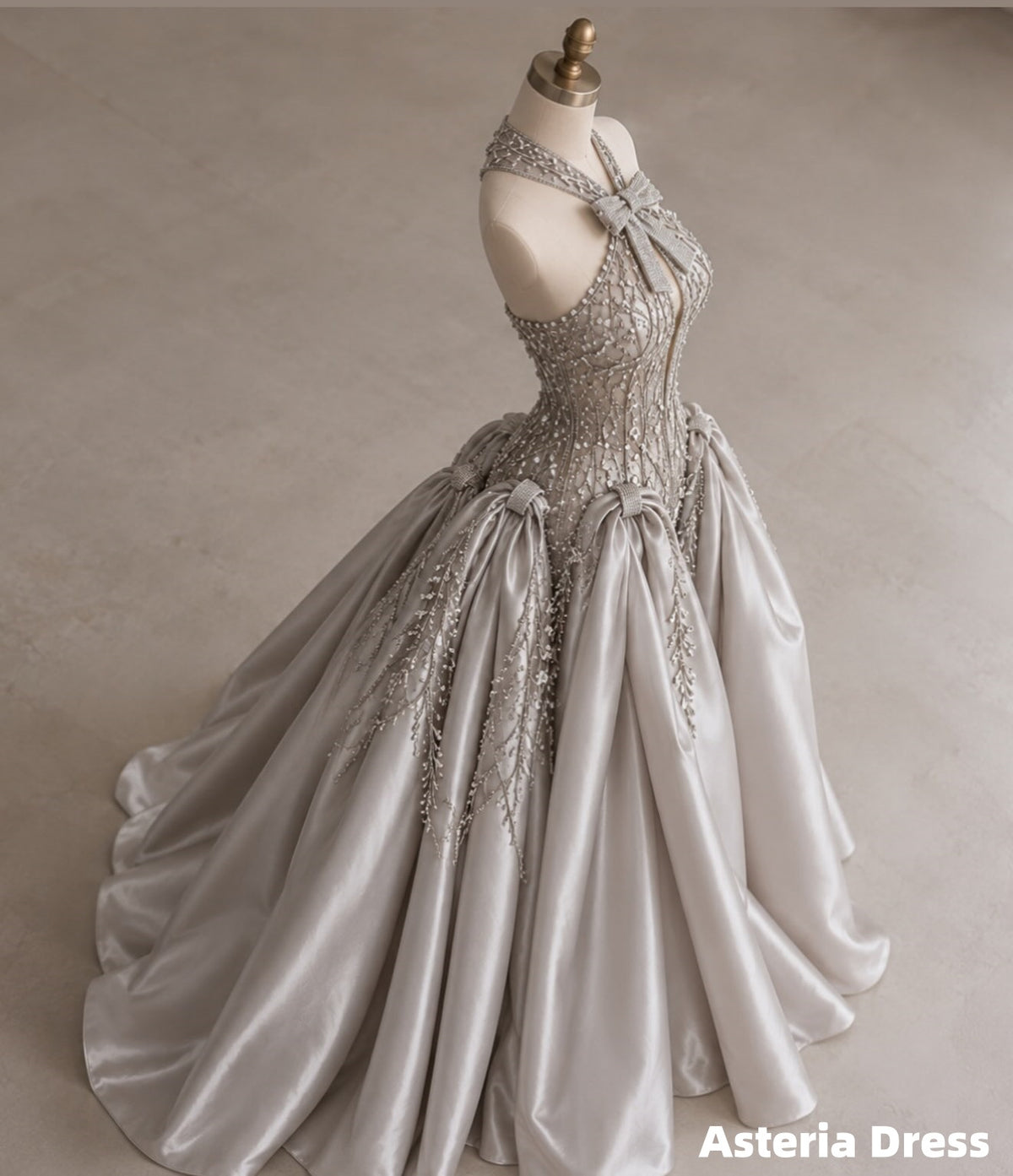 Princess Gray Beaded Halter Prom Ball Gown