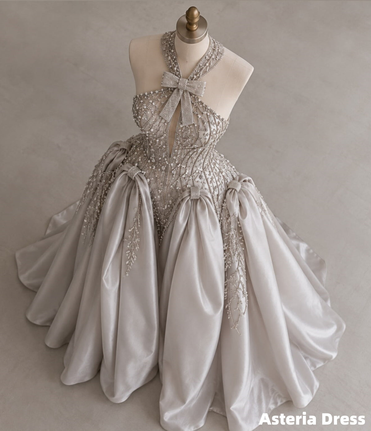 Princess Gray Beaded Halter Prom Ball Gown