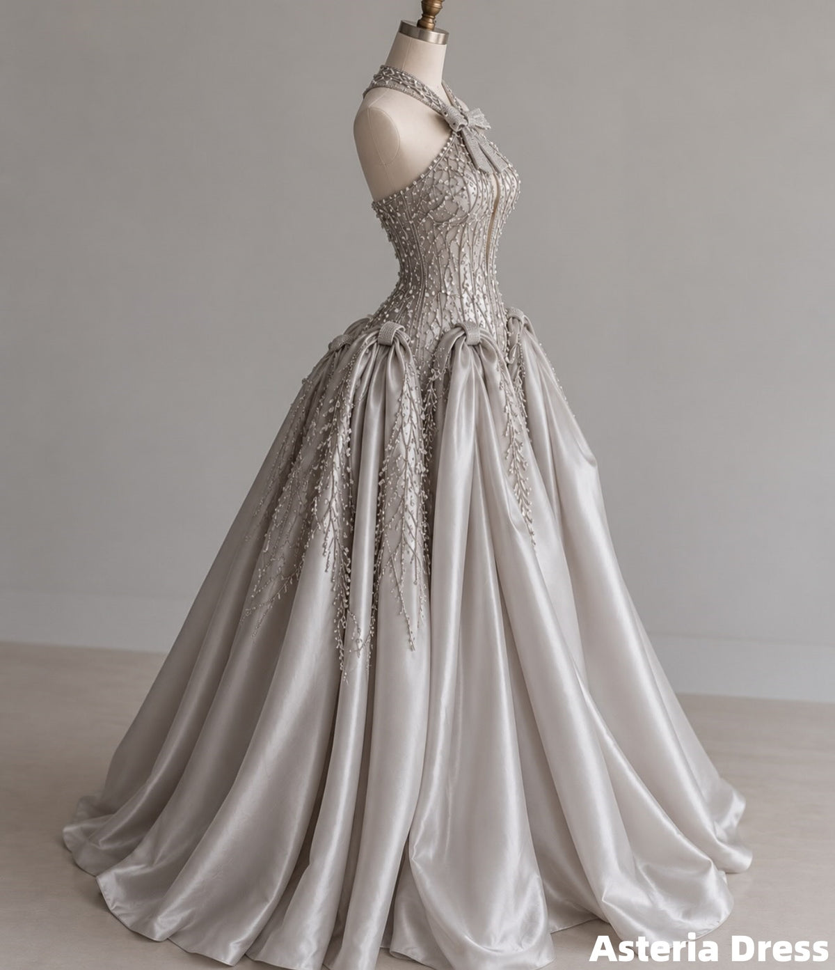 Princess Gray Beaded Halter Prom Ball Gown