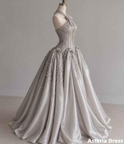 Princess Gray Beaded Halter Prom Ball Gown