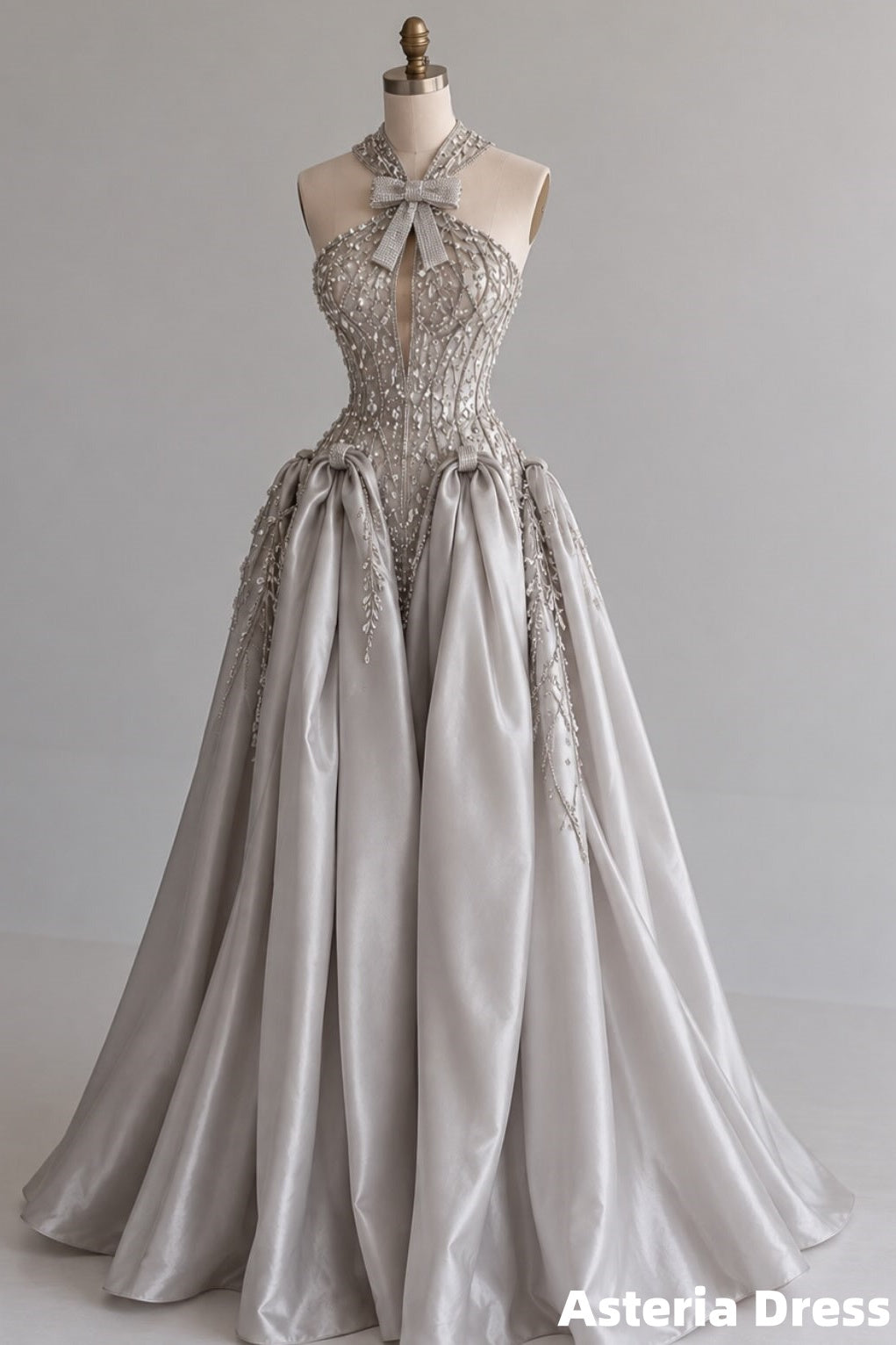 Princess Gray Beaded Halter Prom Ball Gown