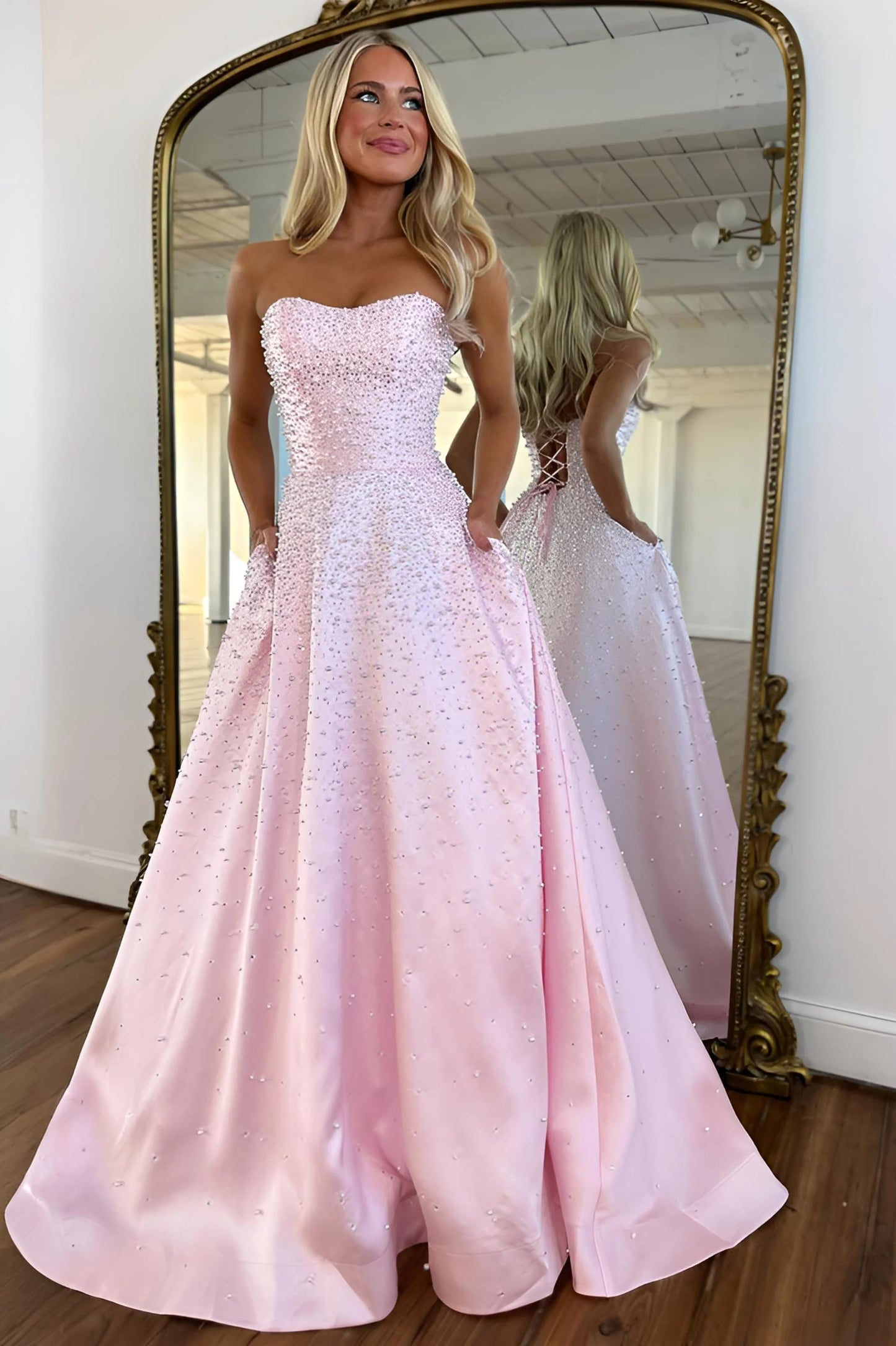 Princess Light Pink Beaded Prom Dresses Pearl A-Line Evening Party Dress,AST2299