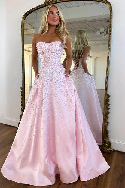 Princess Light Pink Beaded Prom Dresses Pearl A-Line Evening Party Dress,AST2299