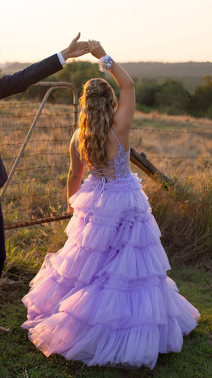 Princess Lilac A-Line Prom Dress, Tiered V-Neck Tulle Birthday Dress, AST1494