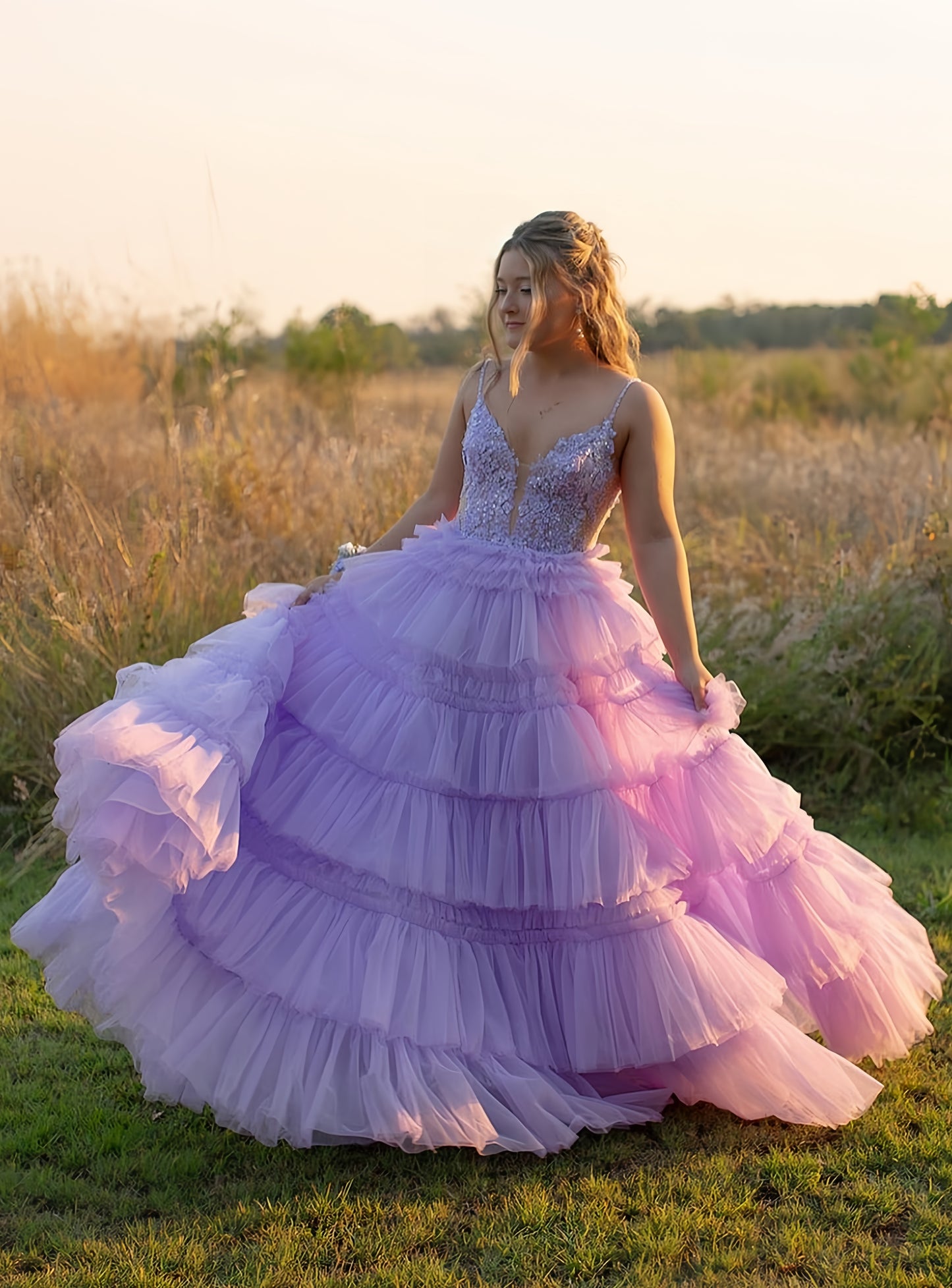 Princess Lilac A-Line Prom Dress, Tiered V-Neck Tulle Birthday Dress, AST1494