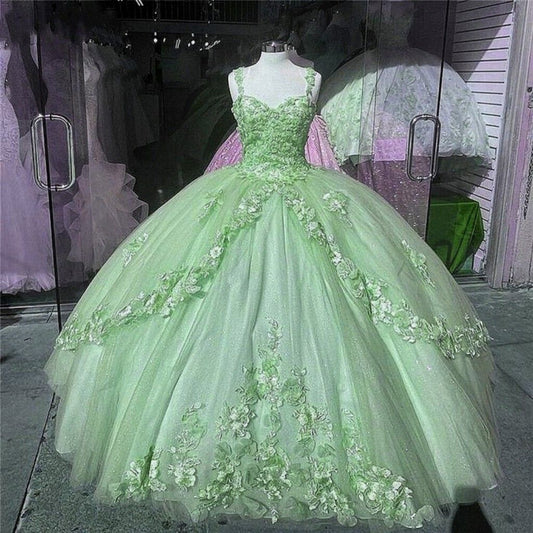 Princess Mint Green Floral Quinceanera Ball Gown Tulle Lace Sweet 16 Dress,AST992