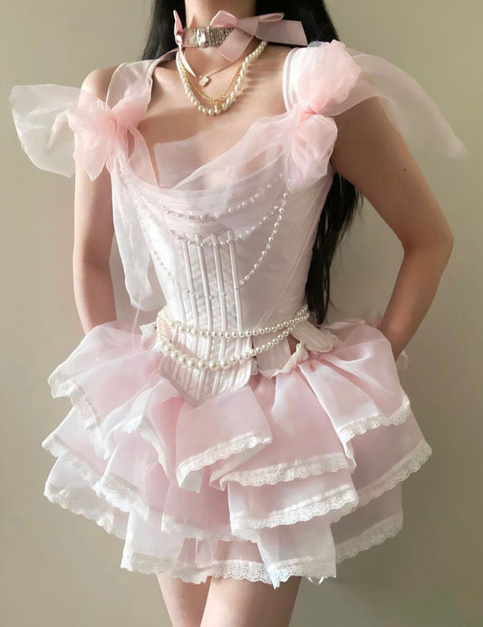 Princess Pink Tiered Ruched Homecoming Dresses Organza Lace Mini Party Dress Pearl Beaded Birthday Outfits,AST1952