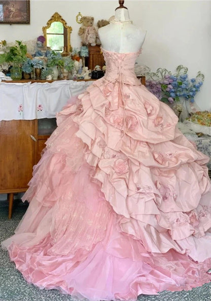 Princess Quinceanera Dress Pink Floral Organza Ball Gown Sweet 16 Dresses,AST2265