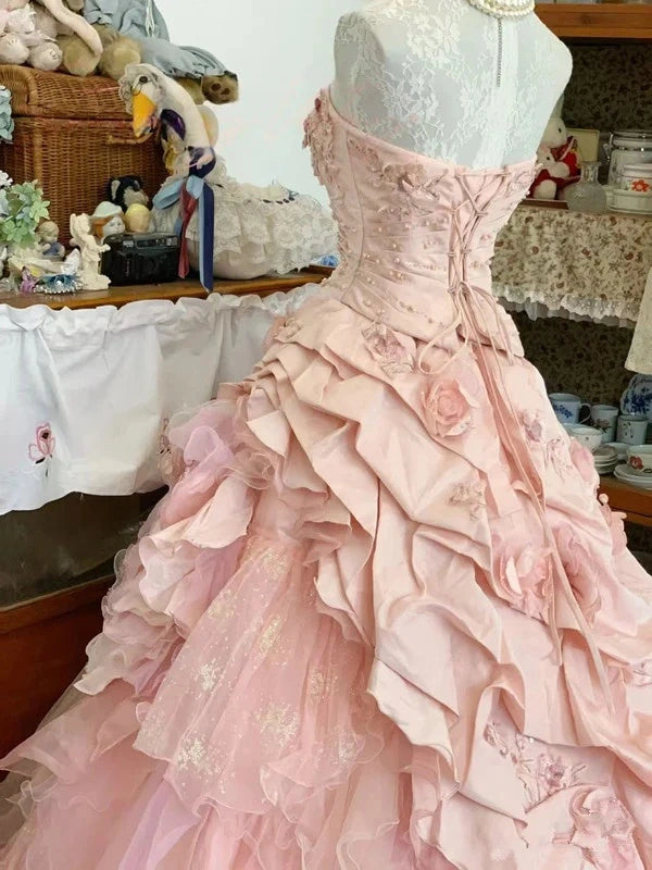 Princess Quinceanera Dress Pink Floral Organza Ball Gown Sweet 16 Dresses,AST2265