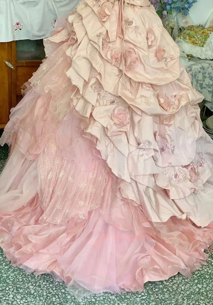 Princess Quinceanera Dress Pink Floral Organza Ball Gown Sweet 16 Dresses,AST2265