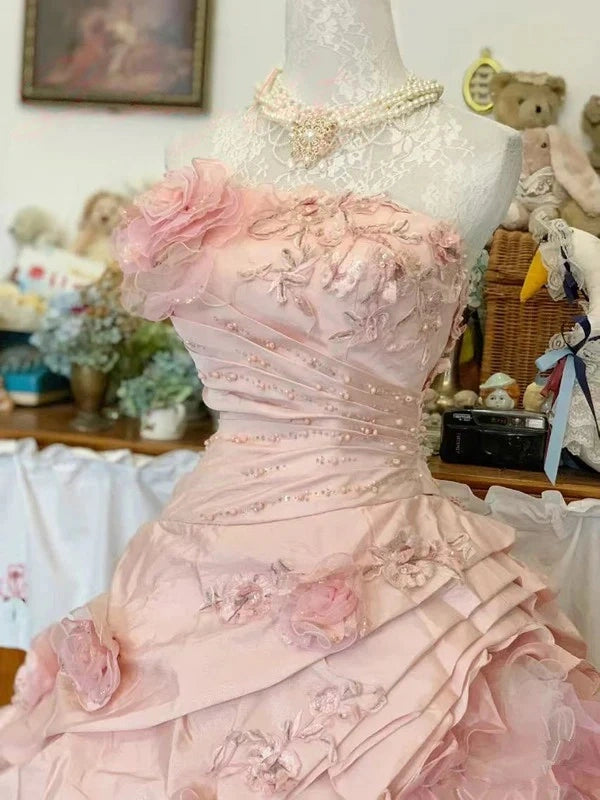 Princess Quinceanera Dress Pink Floral Organza Ball Gown Sweet 16 Dresses,AST2265