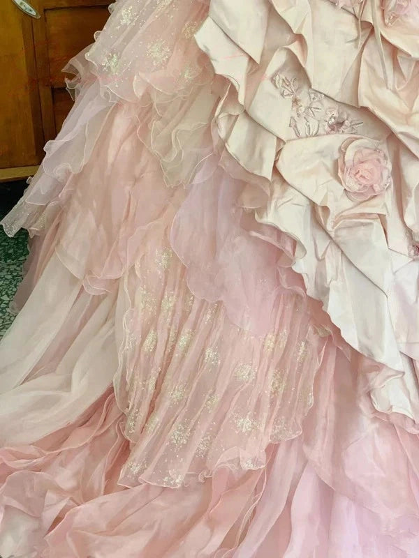 Princess Quinceanera Dress Pink Floral Organza Ball Gown Sweet 16 Dresses,AST2265