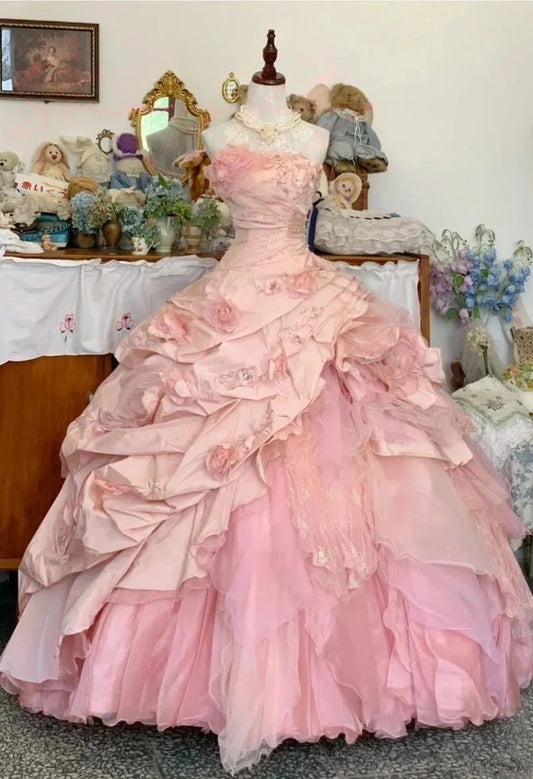 Princess Quinceanera Dress Pink Floral Organza Ball Gown Sweet 16 Dresses,AST2265