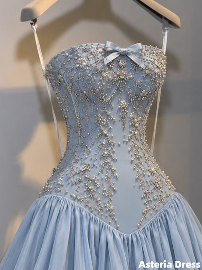 Princess Strapless A-Line Beaded Evening Prom Dresses