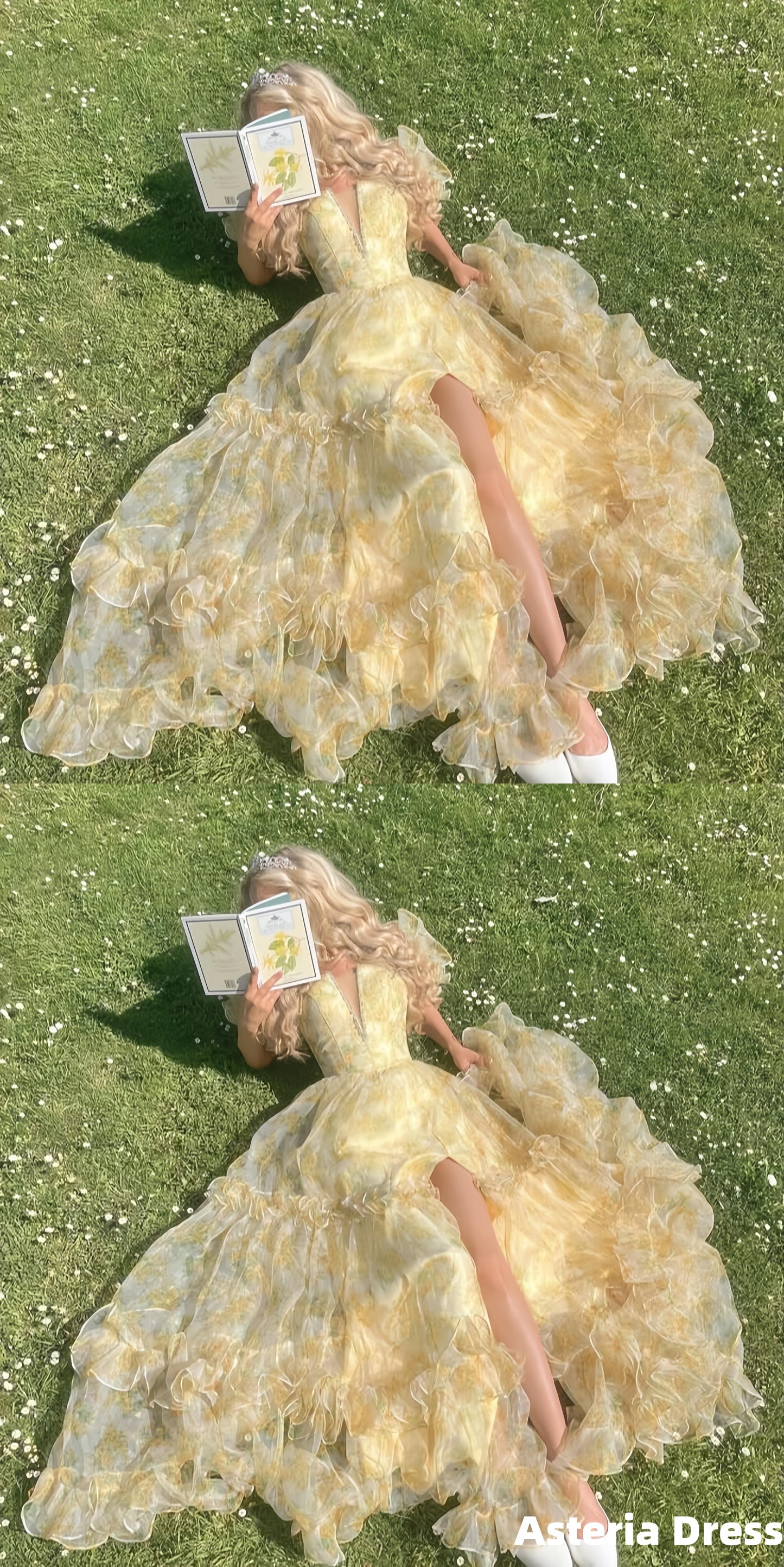 Princess V-Neck Floral Party Dress A-Line Organza Long Evening Formal Dresses