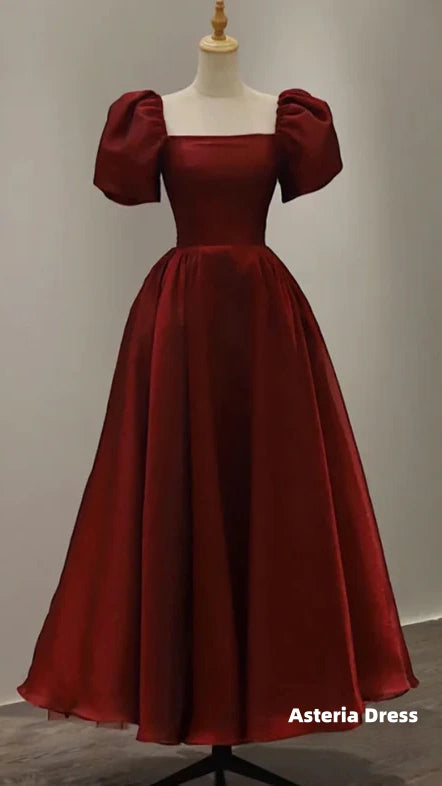 Prom Dresses, Vintage Evening Gown Women Short Sleeve With Square Collar Ankle Length Formal Plain