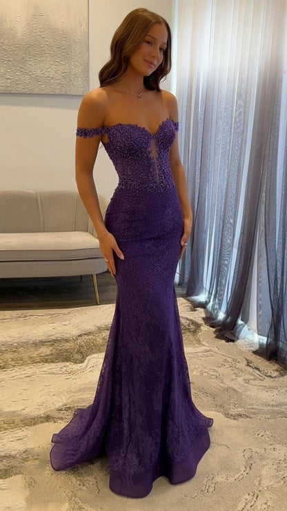 Off The Shoulder Mermaid Prom Dresses Lace Appliques Evening Party Dress,AST2290