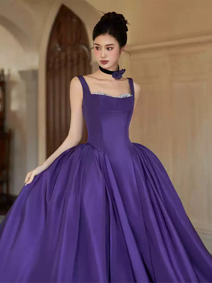 Purple A-Line Satin Long Prom Dresses Birthday Party Gown,AST2184