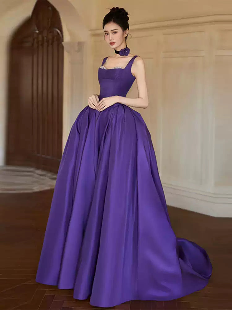 Purple A-Line Satin Long Prom Dresses Birthday Party Gown,AST2184