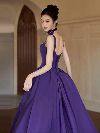Purple A-Line Satin Long Prom Dresses Birthday Party Gown,AST2184