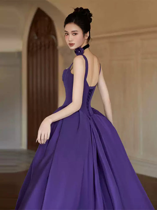 Purple A-Line Satin Long Prom Dresses Birthday Party Gown,AST2184