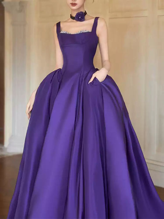 Purple A-Line Satin Long Prom Dresses Birthday Party Gown,AST2184