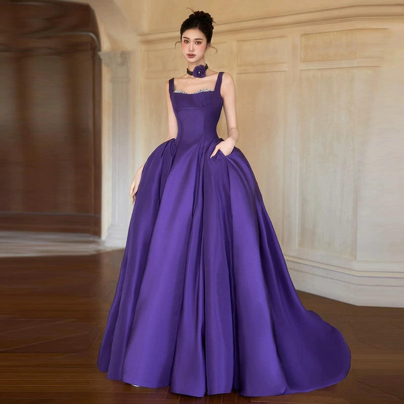 Purple A-Line Satin Long Prom Dresses Birthday Party Gown,AST2184