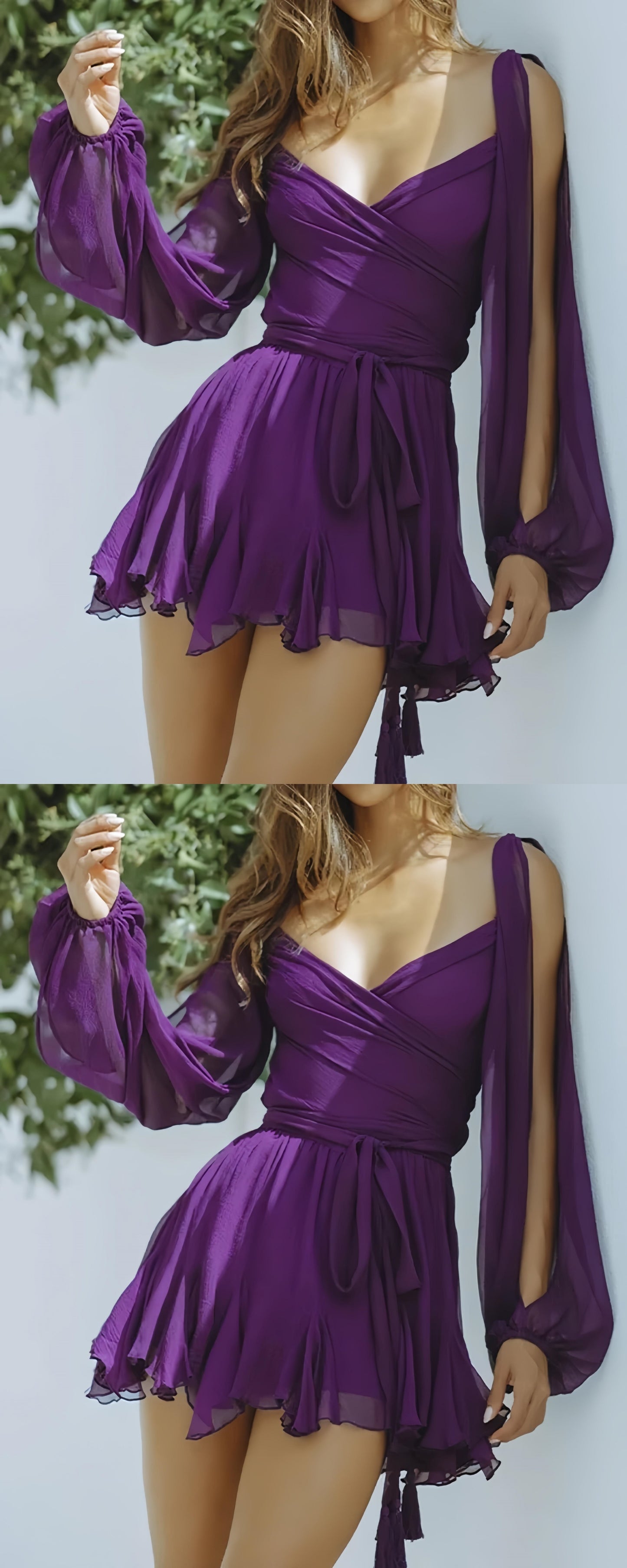 Purple Chiffon A-Line Homecoming Dresses Long Sleeves Party Dress, AST1983