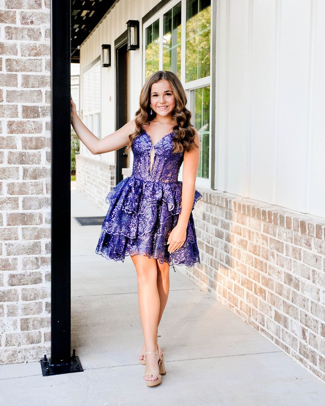 Purple Lace Applique Ruffle Homecoming Dress, AST1378