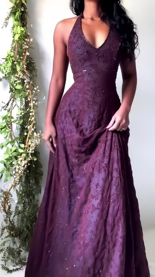 Vintage Mermaid Purple Lace Halter Prom Dresses Long Evening Party Dress Prom Gowns,AST2283