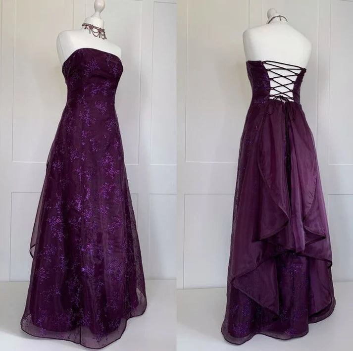 Purple Lace Strapless Evening Prom Dresses,AST2124