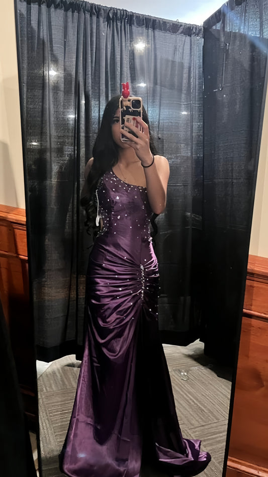 Purple Mermaid Beaded Long Prom Dresses Satin Evening Party Dress,AST2314