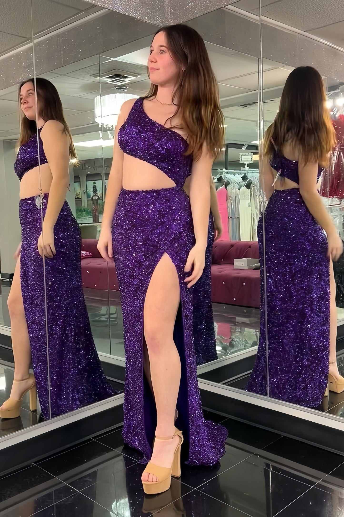 Purple Mermaid Sequined Long Evening Prom Dresses,AST2147
