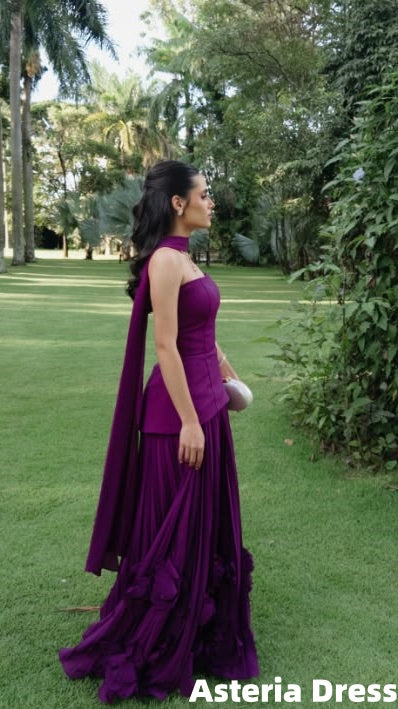 Purple Strapless Floral Corset Long Prom Dress