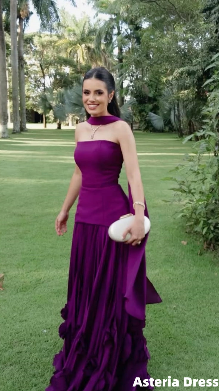 Purple Strapless Floral Corset Long Prom Dress