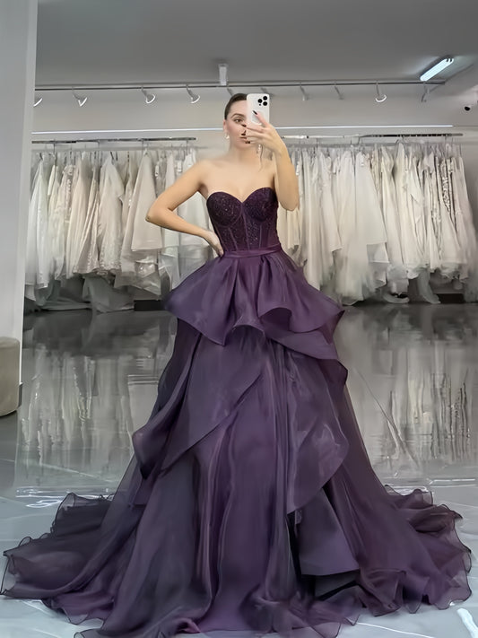 Purple Sweetheart Organza Prom Dresses Beaded Sweet 16 Dress,AST2108