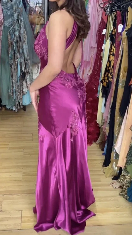 Purple V-neck Sheath Prom Dresses Appliques Backless Evening Party Dress,AST2237