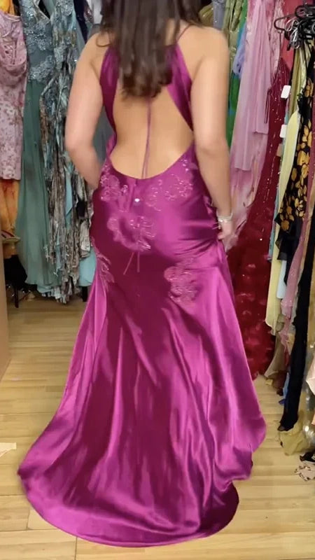 Purple V-neck Sheath Prom Dresses Appliques Backless Evening Party Dress,AST2237