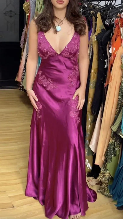 Purple V-neck Sheath Prom Dresses Appliques Backless Evening Party Dress,AST2237